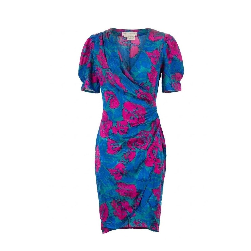 Flora Kung 80s Vintage Silk Graphic Floral Puff Sleeve Asymmetrical Dress Sz 4